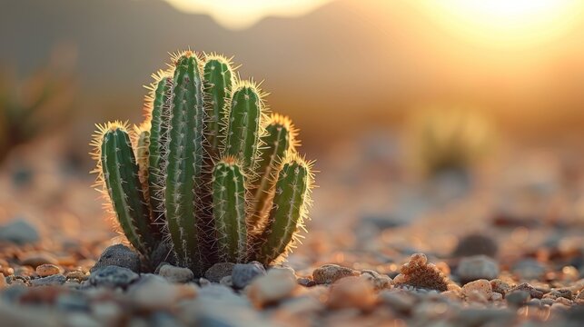   Close-up photo of tiny cactus perched on rocky terrain under bright sunlight