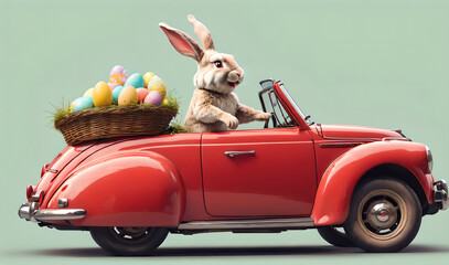 Easter bunny drives quickly to Easter in a retro red car , isolate background - obrazy, fototapety, plakaty