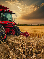 Fototapeta premium A combine harvester in the field harvests wheat. Harvest festival, autumn field cleaning, grain crops