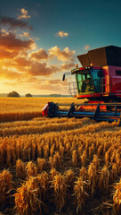 Fototapeta premium A combine harvester in the field harvests wheat. Harvest festival, autumn field cleaning, grain crops