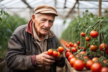 An elderly man with a tomato harvest in the greenhouse from your garden in the courtyard of his house. Eco-friendly vegetable garden, self-cultivation of vegetables, hobby.