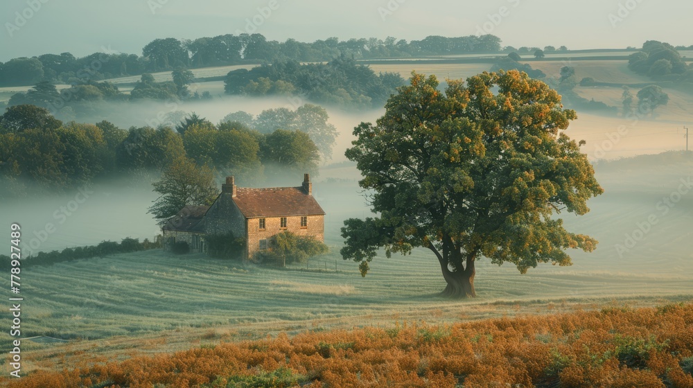 Poster house in field with tree in foreground and foggy sky in background