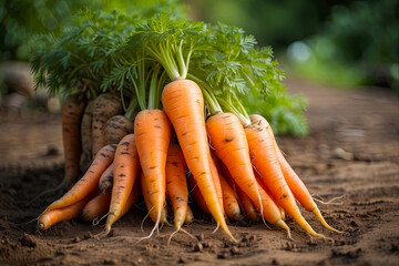 A ripe harvest of orange carrots in the garden with a ray of sunshine is the autumn harvest of a natural eco-friendly product from your garden. 