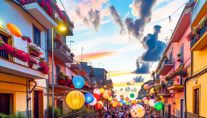 Summer festival vibes with colorful balloons and lanterns in a coastal town at sunset