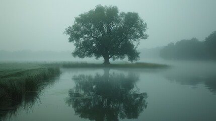   A tree perched atop a river's edge, adjacent to a verdant field shrouded in fog on a misty morning - obrazy, fototapety, plakaty
