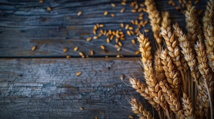 Close-up macro shot of organic wheat grains placed on a rustic wooden table.