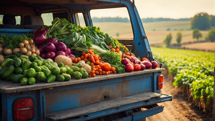 Old truck with an autumn harvest of vegetables and herbs on a plantation - a harvest festival, a roadside market selling natural eco-friendly farm products.