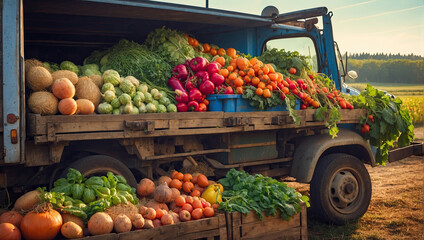 Old truck with an autumn harvest of vegetables and herbs on a plantation - a harvest festival, a roadside market selling natural eco-friendly farm products. - obrazy, fototapety, plakaty