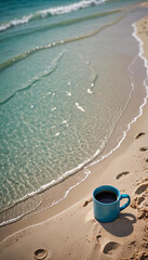 yellow  cup of warn coffee on a beautiful beach