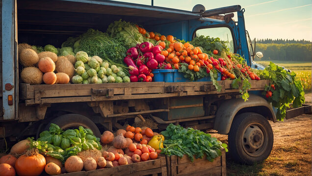 Old truck with an autumn harvest of vegetables and herbs on a plantation - a harvest festival, a roadside market selling natural eco-friendly farm products.