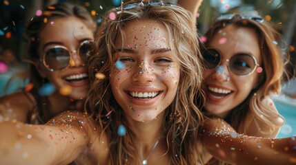 Joyful friends girls covered in glitter and confetti sharing a laugh at a festive party. Summer concept