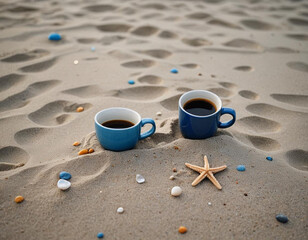 Fototapeta na wymiar two cups of coffee on a paradisiac beach