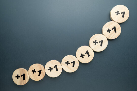 A sequential number, plus one, by round wood blocks, arranged as a growth line