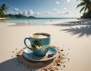 decorated cup of coffee on a paradisiac beach