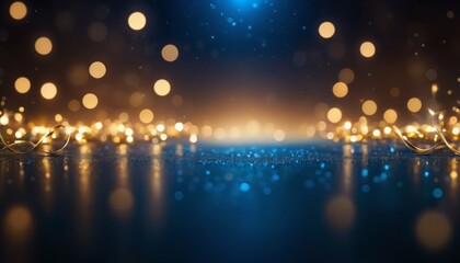 Obraz na płótnie Canvas A dreamy background of soft golden bokeh lights on a deep blue backdrop, offering a magical setting for festive occasions