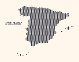 Spain Map Vector Hexagonal Halftone Pattern Isolate On Light Background. Hex Texture in the Form of a Map of Spain. Modern Technological Contour Map of Spain for Design or Business Projects - 778928042