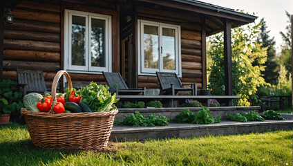 A basket with a harvest of fresh eco-friendly vegetables from the garden in the yard of the house. Growing vegetable crops, hobbies