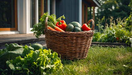 A basket with a harvest of fresh eco-friendly vegetables from the garden in the yard of the house. Growing vegetable crops, hobbies