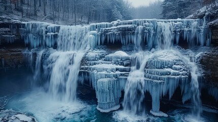   A waterfall with abundant ice on its sides and flowing water