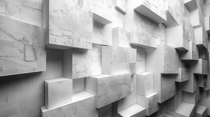  A monochrome image of a cube-shelf-covered wall inside a brick room