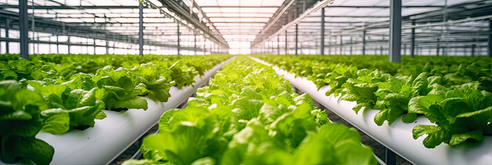 Fresh lettuce harvest in the garden on racks with artificial light on hydroponics - healthy vegetable eco-friendly greens growing production for sale in the store. - obrazy, fototapety, plakaty