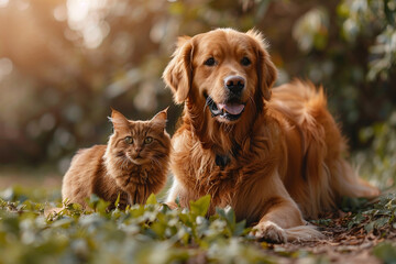  golden retriever dog walking with a cat 