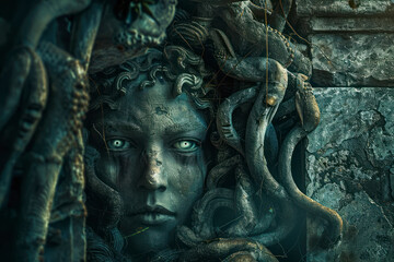 Petrifying Medusa lurks in ancient ruins, eyes glowing.
