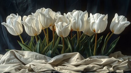   A white tulip painting on black canvas with cloth overlay