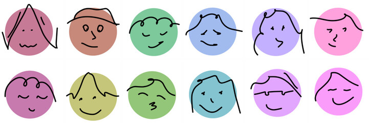 Round abstract comic face with various Emotions. Crayon drawing style. Different colorful characters. Cartoon style. Flat design. Hand drawn trendy Vector illustration.