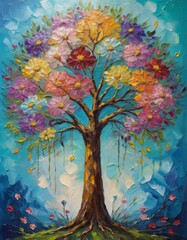 An artistically textured painting showcasing a vibrant tree with a multicolored foliage palette against a blue background