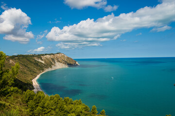 Fototapeta na wymiar Ancona Conero regional park and Mezzavalle beach towards the rock called il trave where are collected the mussels called Moscioli