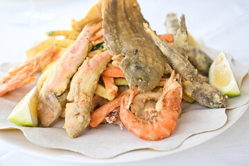Mixed fried fish from Adriatic Sea in the Conero Mount regional Park near Ancona marche region Italy
