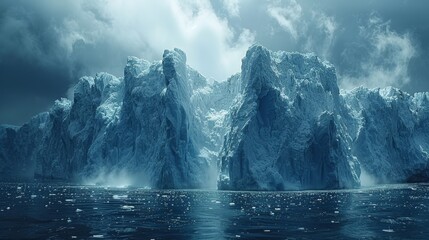   An ensemble of icebergs drifting atop a watery expanse adjacent to a snow-topped mountain