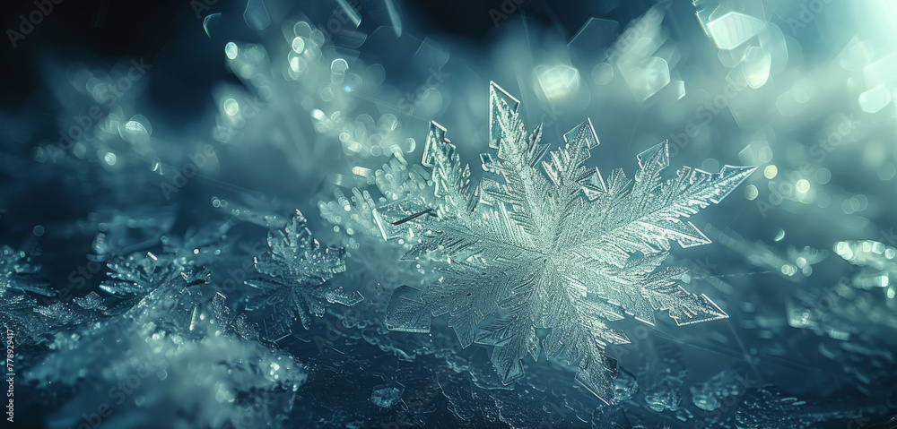 Poster a crisp close-up of a single snowflake against a monochromatic backdrop, with a focused image of fal