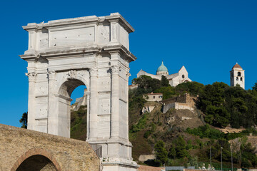 Italy, Marche Ancona 2.2.2024 Landscape of The Arch of Trajan in Ancona and in the background the cathedral of San Ciriaco