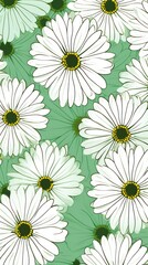 Green and white daisy pattern, hand draw, simple line, flower floral spring summer background design with copy space for text or photo backdrop 