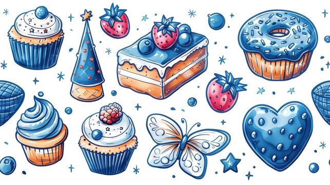   A batch of cupcakes and cakes on a white backdrop, adorned with blue stars and falling snowflakes
