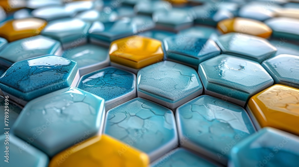 Poster a close-up of a blue and yellow hexagonal tile with yellow and blue hexagonal patterns on it