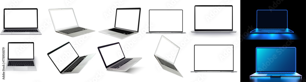 Poster laptop mock up with transparent screen isolated background. flying laptop mock up. vector illustrati