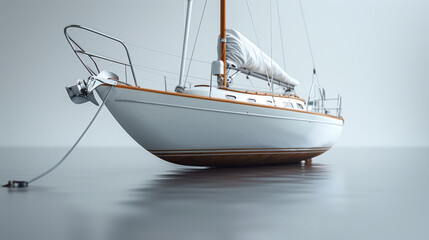   A white sailboat with a brown sail on a body of water, secured by a rope attached to its bow - obrazy, fototapety, plakaty