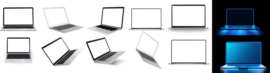 Obraz premium Laptop mock up with transparent screen isolated background. Flying laptop mock up. Vector illustration