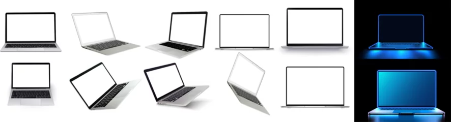 Gordijnen Laptop mock up with transparent screen isolated background. Flying laptop mock up. Vector illustration © ZinetroN