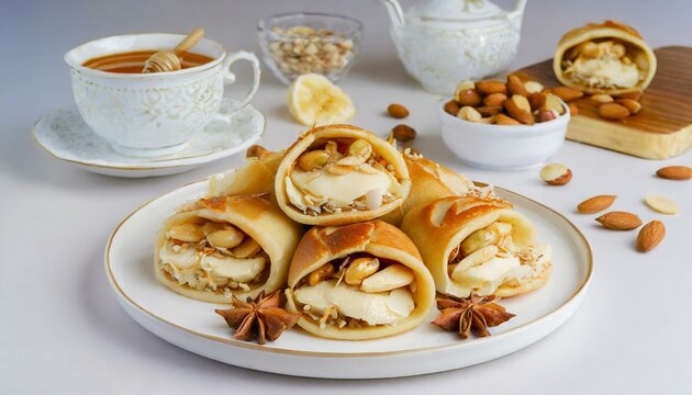 Qatayef are stuffed pancakes are folded into half-moon shapes and filled with sweetened cheese, nuts, or a mixture of both. Qatayef is commonly enjoyed during Ramadan and Eid.