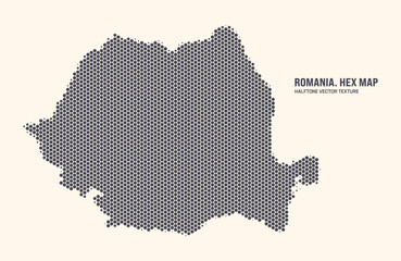 Romania Map Vector Hexagonal Halftone Pattern Isolate On Light Background. Hex Texture in the Form of a Map of Romania. Modern Technological Contour Map of Romania for Design or Business Projects - 778930458