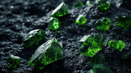 An abstract background with a black rocky ground and green crystals. A geological wallpaper. - obrazy, fototapety, plakaty