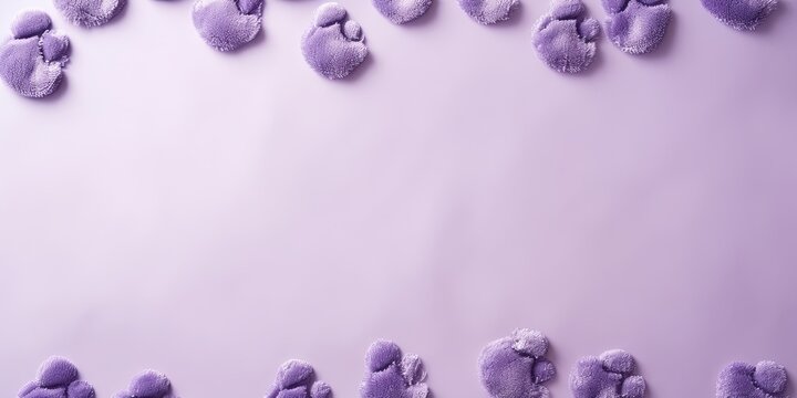 Purple paw prints on a background, minimalist backdrop pattern with copy space for design or photo, animal pet cute surface 