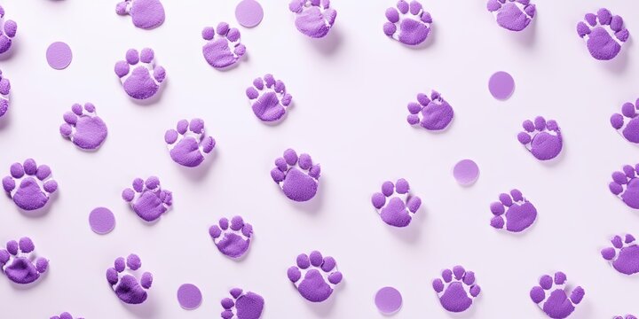 Purple paw prints on a background, minimalist backdrop pattern with copy space for design or photo, animal pet cute surface 