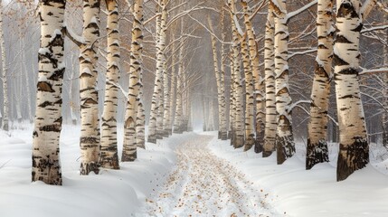   A snow-covered forest path with trees on both sides and snow beneath