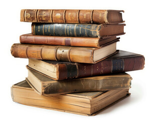 A stack of old books with a white background. The books are old and worn, and they are piled on top of each other. The books are of different sizes and colors, and they appear to be of various genres