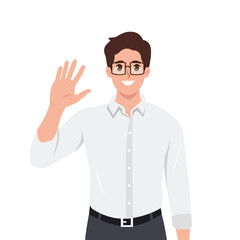 Young man saying hello and waving with hand. Hi or bye gesture. Flat vector illustration isolated on white background
